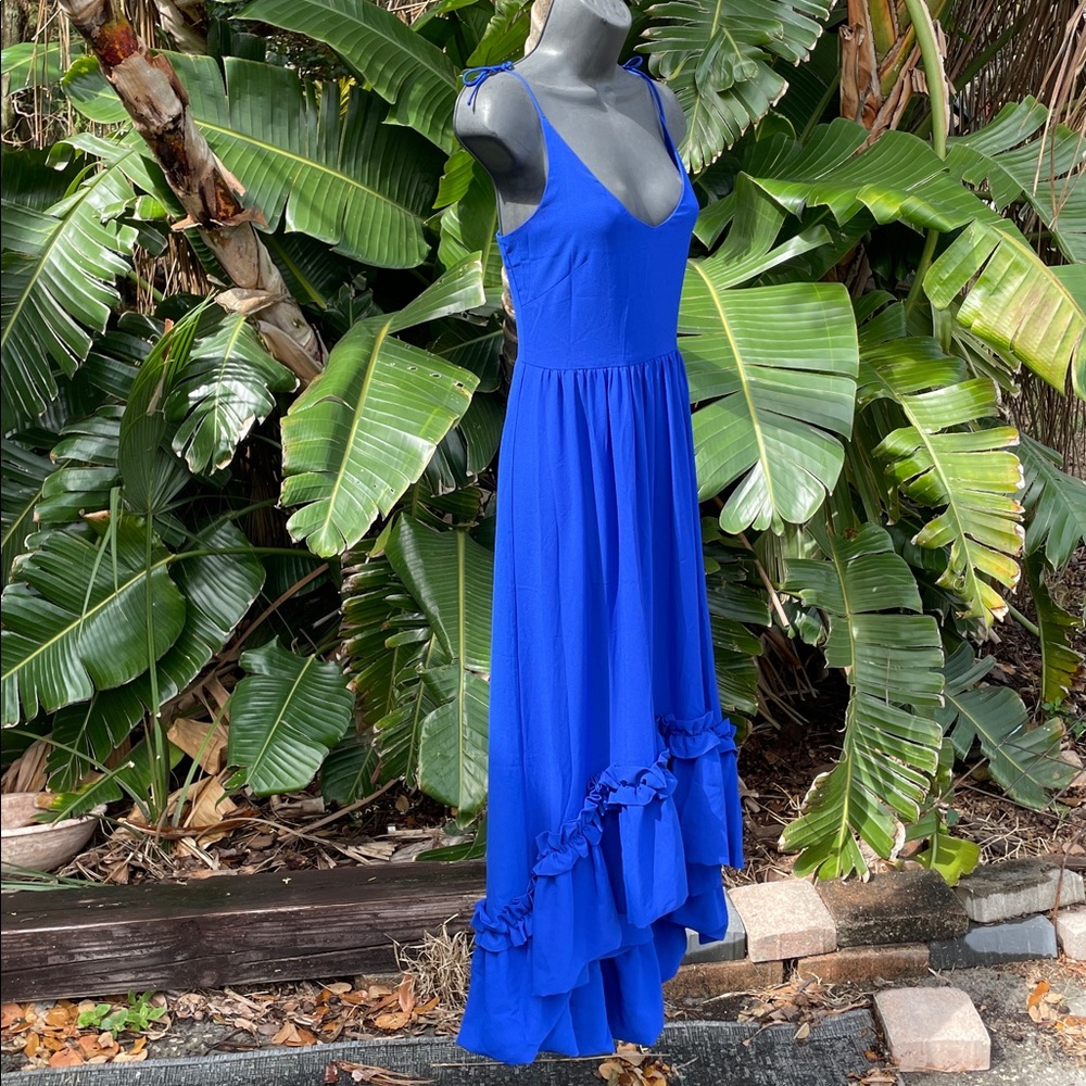 Badgley Mishka blue ruffled bubble hem hi lo dress